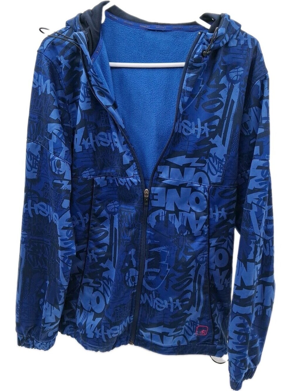 AND1  Fleece Hoodie Jacket Mens M/L Blue Graffiti Print Drawstring Streetball